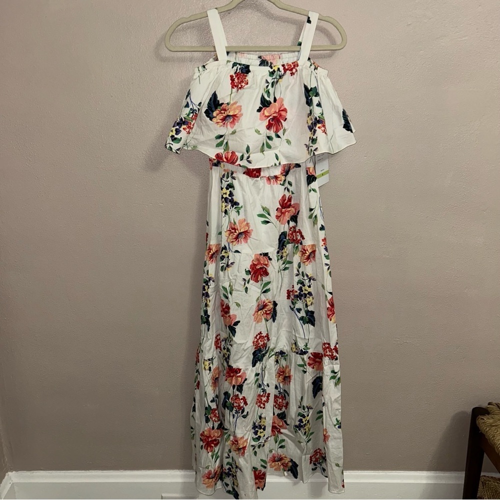 Maison Tara White Floral cold shoulder maxi dress